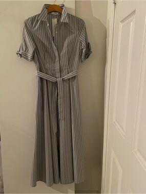 Sz 2: Calvin Klein Cotton Midi Shirt Dress Grey/White Stripe Flowy Skirt NWT